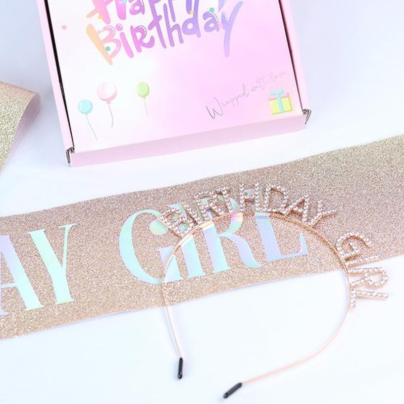 BICAOGEE Rose Gold Birthday Girl Sash,Headband,Happy Birthday Banner,Hanging Swirl Decorations,Rhinestone Tiara Crown for Princess,Gift for Women.