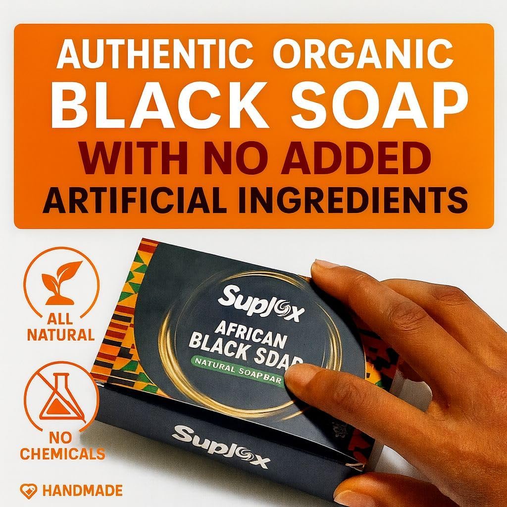 Suplox African Black Soap Bar – African Soap for oily Skin, Ghana Black Face & Body Wash | Face and Body moisturizing cleanser 1 Count.