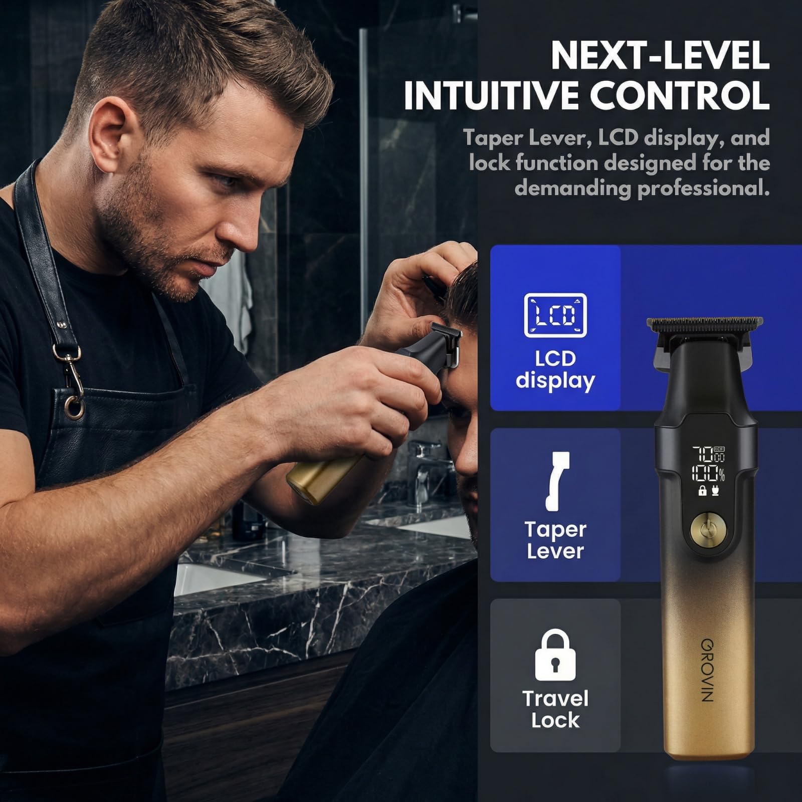 GROVIN Hair Clippers for Men, Cordless Hair Clipper and Trimmer Set with LED Display & Adjustable Speed, 2 Professional Clippers with 9 Guide Combs for Hair Cutting