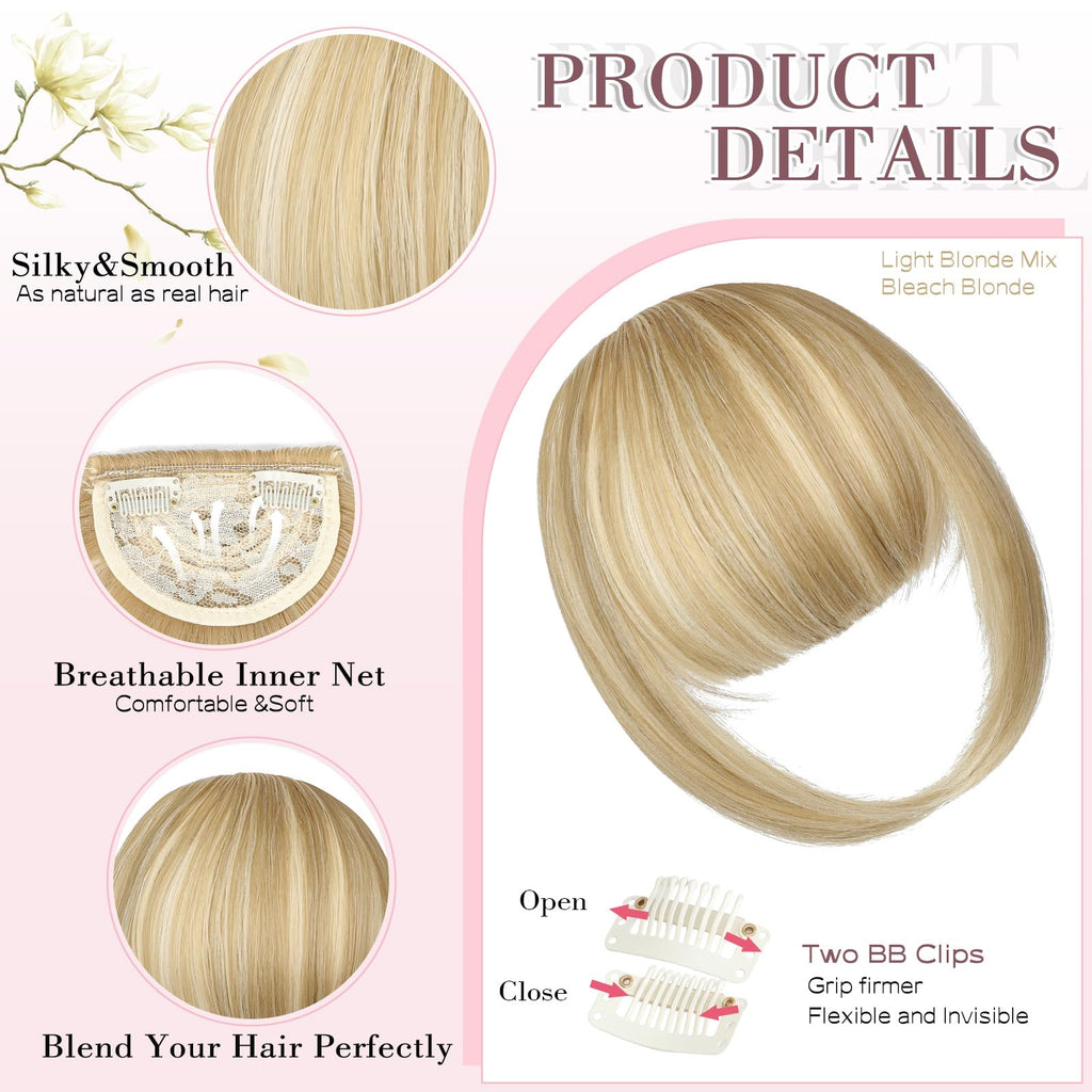 Wodelanle Clip in Bangs,Natural Fake Bangs Hair Clip,Light Blonde Mix Bleach Blonde French Bangs Fringe with Temples Hairpieces for Women Bangs Hair Extenisons for Daily Wear