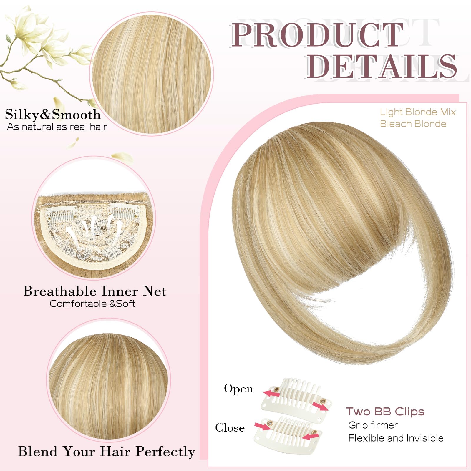 Wodelanle Clip in Bangs,Natural Fake Bangs Hair Clip,Light Blonde Mix Bleach Blonde French Bangs Fringe with Temples Hairpieces for Women Bangs Hair Extenisons for Daily Wear
