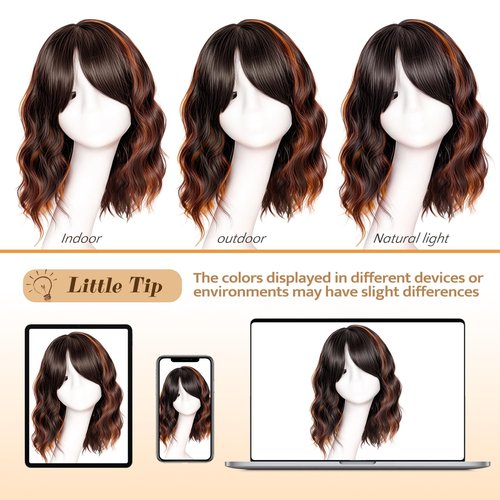 Beautier Black Mixed Brown Wig with Bangs Short Wavy Bob Wigs for Women Synthetic Shoulder Length Hair Natural Looking Curly Wig Heat Resistant Hair Replacement Bob Wigs (14 Inch)