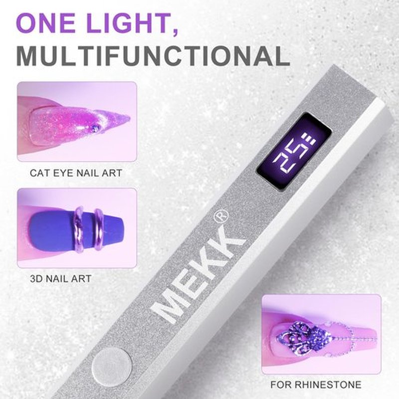 MEKK Metal Handheld UV Light for Gel Nails,Mini UV LED Nail Lamp with LED Screen and Cordless Flash Cure Nail Lamp with Visible Timer,Portable Nail Light for Beginners,Travel,Home- Silver