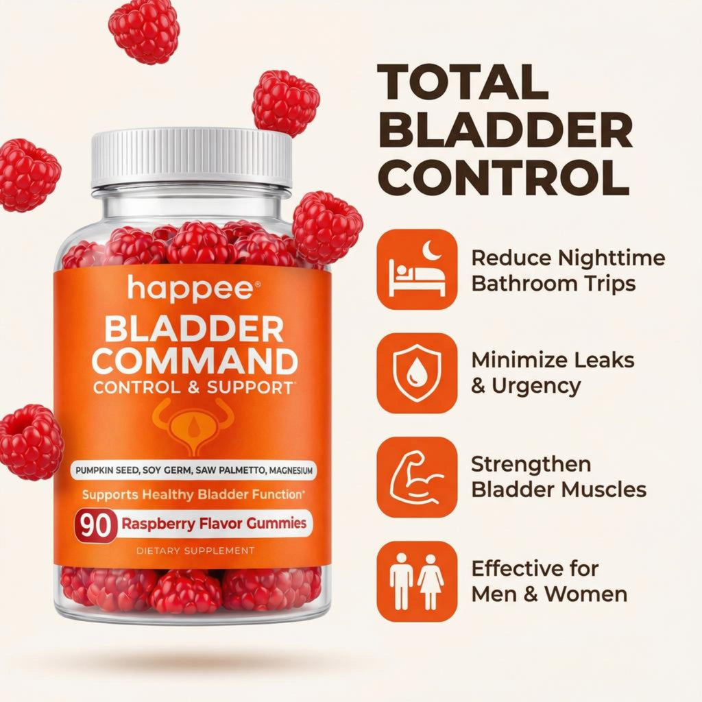 Happee Bladder Control Gummies Supplement for Women & Men – Day & Night Support - Raspberry Flavor – 90 Count