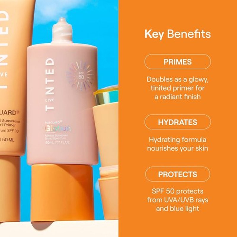 Live Tinted Hueguard Glotion Mineral Tinted Sunscreen SPF 50 - Lightweight, Hydrating & Brightening - Medium Deep, 0.5 FL Oz