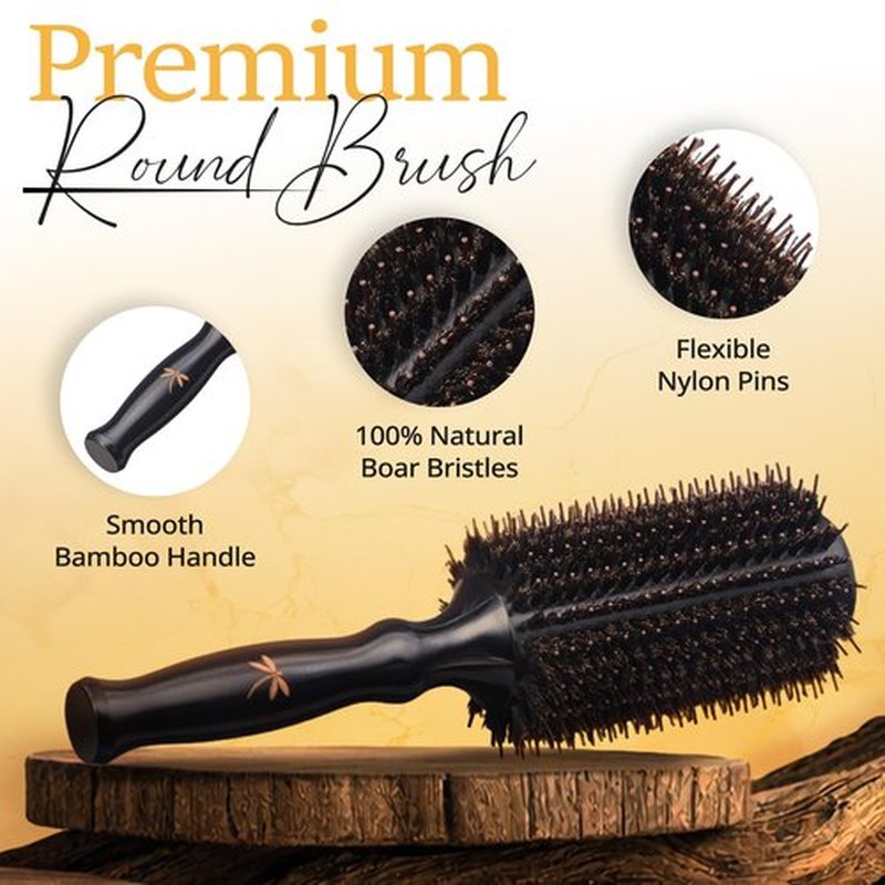 Belula Boar Bristle Round Hair Brush - 2.7” Wooden Barrel for Volume & Body | Includes 3 Hair Clips & Travel Bag