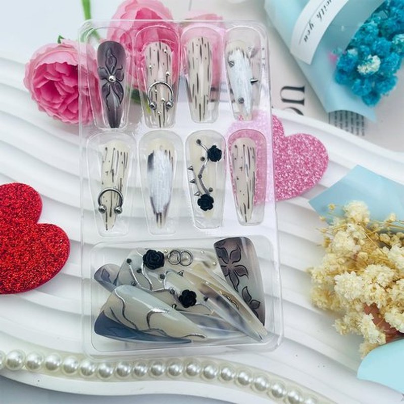 Black Press on Nails Long Stiletto Fake Nails with Punk Rose Flower & 3D Metal Rivet Steel Balls Charms Design Gothic Acrylic Nails Full Cover Stick on Nails Dark Black Y2k False Nails for Women 24Pcs