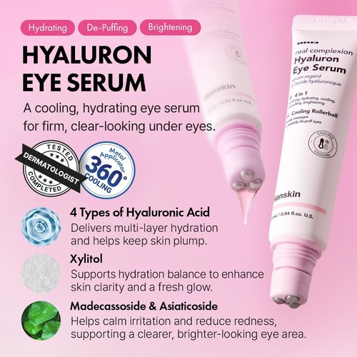 Hanskin Hyaluron Eye Serum - Hydrating Eye Care with 4 Types of Hyaluronic Acid | Cooling Metal Applicator | De-Puffing & Brightening | 0.85 fl oz