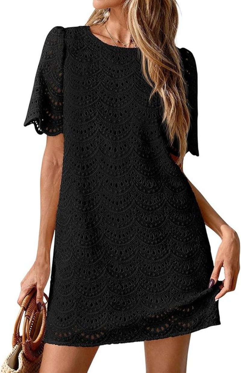 Skiennix Eyelet Dress for Women - Hollow Out Lace Short Sleeve Mini Dress for Summer Vacations
