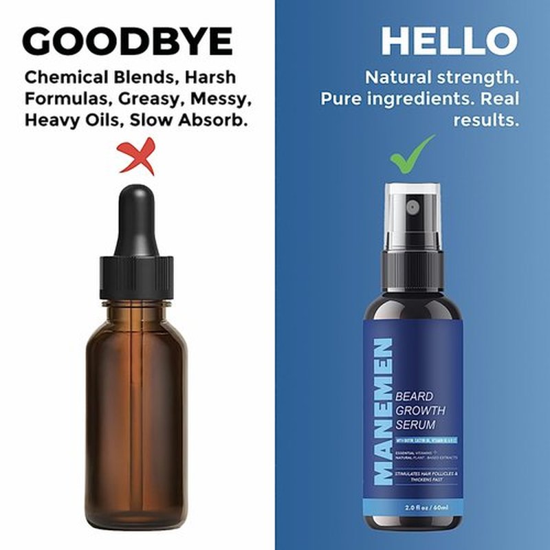 Manemen Beard Growth Serum Spray- Biotin, Castor Oil, Vitamin B5 & B12 - Natural Hair Regrowth Beard Oil Formula for Thicker, Fuller, Stronger Beard - Stimulates Hair Follicles & Supports Fast Growth