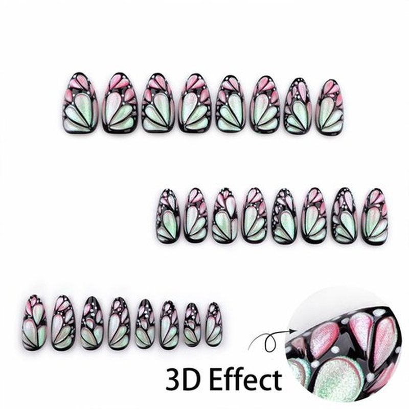 Almond Press on Nails Medium 3D Butterfly Fake Nails Soft Gel Jelly False Nails with Cat Eye Butterfly Designs Shiny Glossy Artificial Acrylic Nails Colorful Glue on Nails for Women Manicure 30Pcs