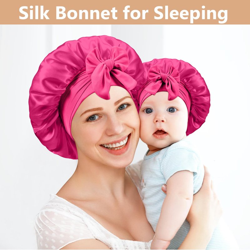 UHBYJM 2 PCS Mommy and Me Bonnet Set, Silk and Satin Bonnets for Sleeping with Elastic Tie Band, Adjustable Hair Bonnets for Women, Girls, Kids and Toddlers (Rose Red)