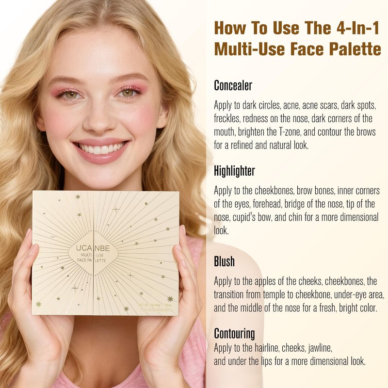 UCANBE 26 Colors 4-in-1 Multi-Use Face Palette, Long-Lasting Makeup Palette with 8 Concealers, 6 Contours, 6 Highlighters and 6 Blushes All In One Palette, High Coverage and Travel-Friendly