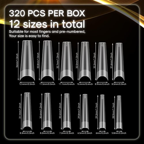 INENK Matte XXL Coffin Nail Tips, Professional Acrylic False Nail Extensions with Positioning Line, Straight Tapered Half Coverage for DIY Nail Art Salon Home DIY(12 Sizes 320PCS)