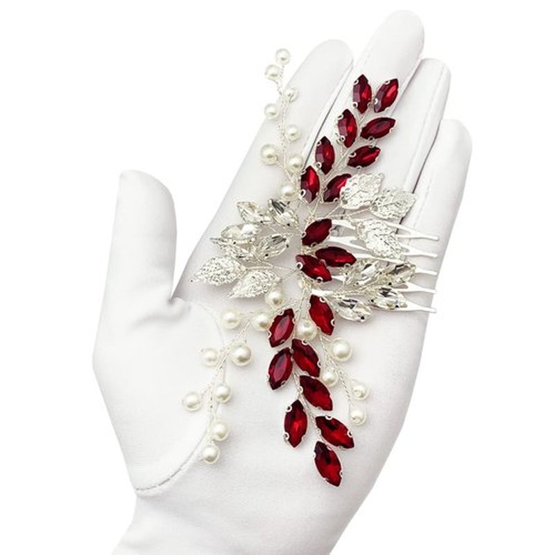 Bride Wedding Hair Comb Crystal Rhinestone Pearls Silver Leaf Hair Piece Accessories for Women Girls Homecoming Party (Red)