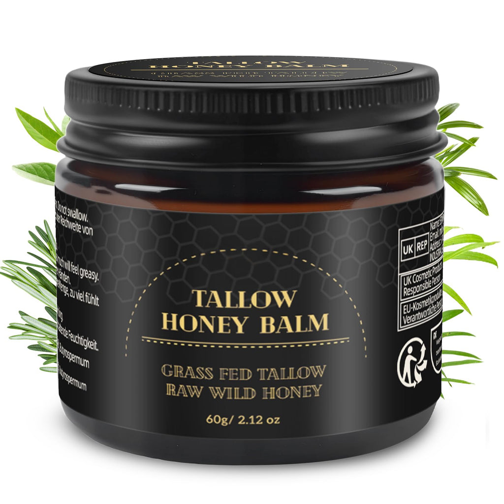 Mokasakiso Beef Tallow for Skin,Tallow and Honey Balm,Organic Grass-Fed Beef Tallow Balm with Honey, Face and Body Moisturizer(60g)