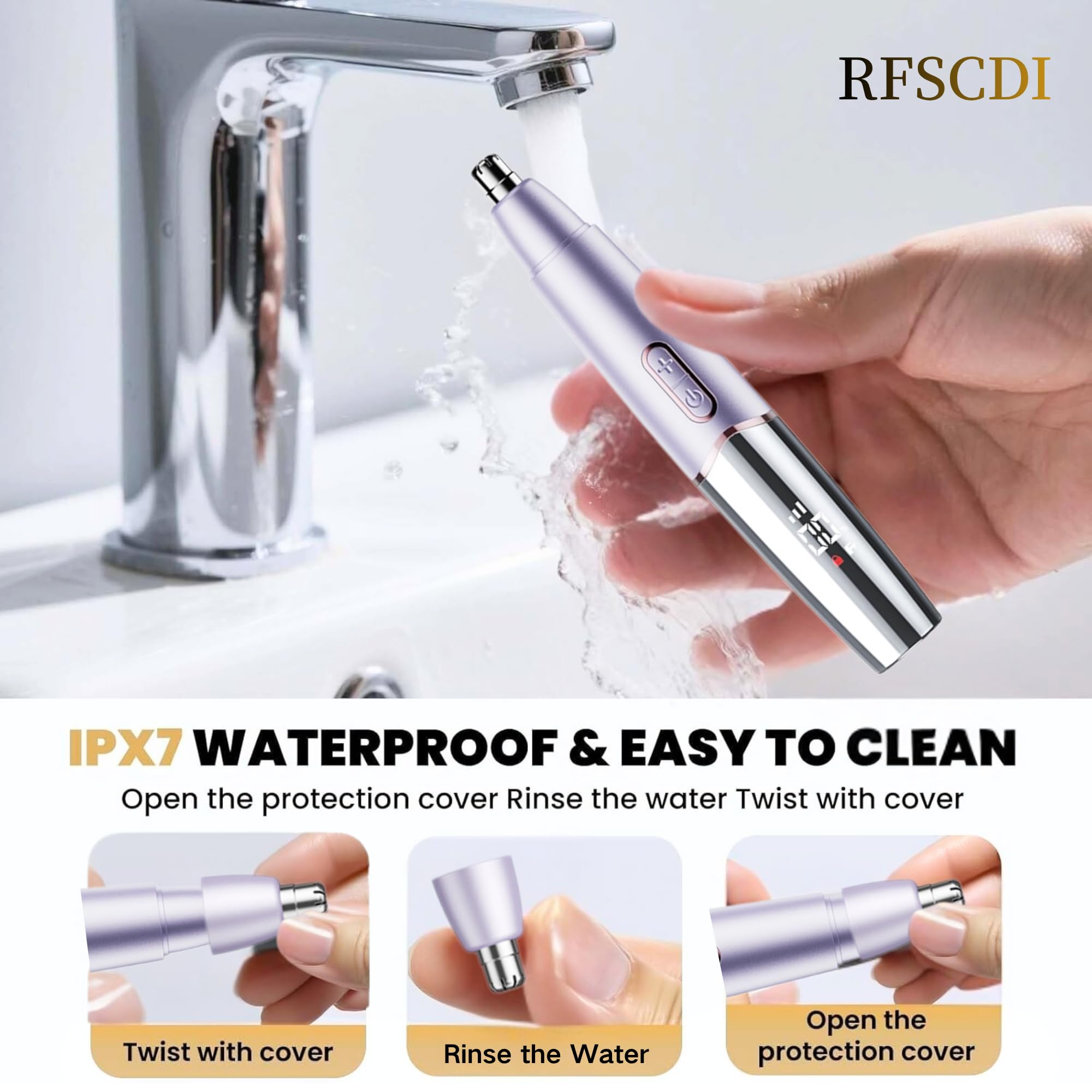 RFSCDI 5-in-1 Rechargeable Nose & Eyebrows Hair Trimmer - IPX7 Waterproof Dual Edge Grooming Kit for Men & Women, Perfect for Hair Removal of Nose, Facial, Arm, Bikini, and Ear Hair (Purple)