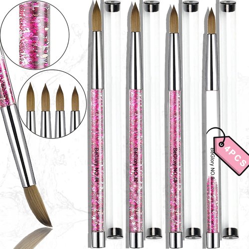 Acrylic Nail Brush Set, 4PCS Acrylic Nail Brushes Professional Nail Brush for Acrylic Application 3D Nail Carving DIY Acrylic Powder Brushes Liquid Glitter Nail Art Brush Size #8#10#12#14 (Pink)