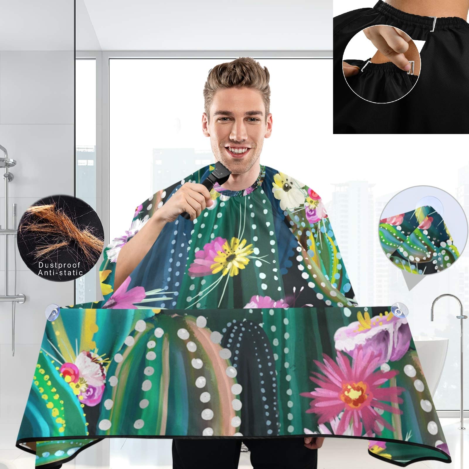 Visesunny Barber Cape - Green Cactus With Flower Polyester Hair Cutting Salon Apron Anti-Static Haircut Water-Resistant Shaving Cloth Beard Shaving Bib Hairdressing Cape