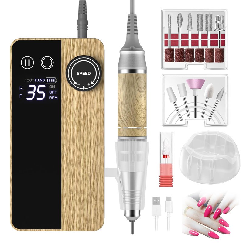 YEOTSMUT Wood Grain 35000RPM Nail Drill Professional, Super Silent Shockproof and not hot，Rechargeable Electric Nail File，Cordless Nail File Portable Efile for Acrylic Gel Nails Remove, 12Pcs Bits