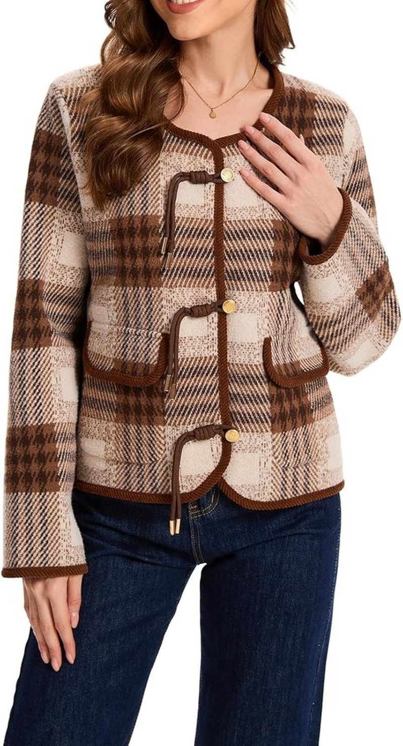 HOULENGS Women's Vintage Plaid Print Cardigan Sweater - Long Sleeve Knit Coat with Pockets