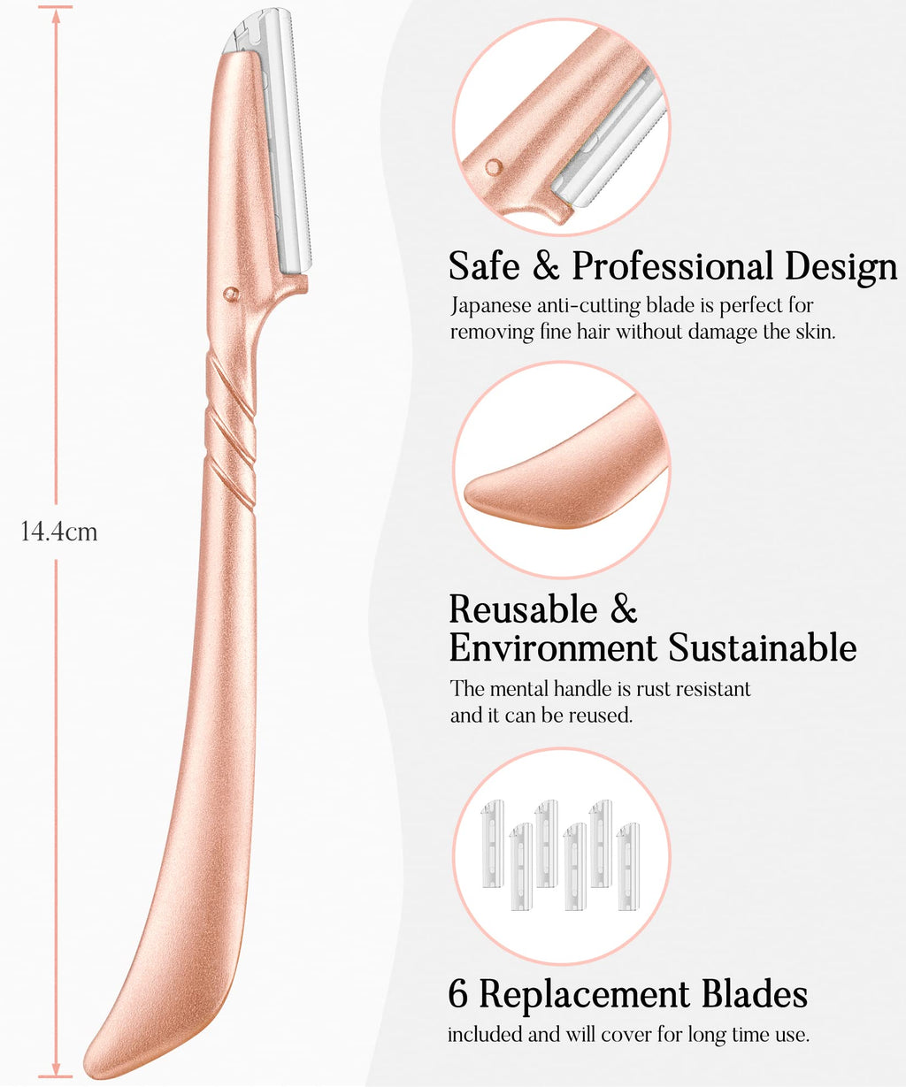 ennva Eyebrow Razor for Women-Eyebrow Trimmer Dermaplaning Tool-Ergonomic Eyebrow Shaper & Facial Razor for Peach Fuzz-Exfoliating Face Razor for Eyebrows-Eye Brow Shaver Razors w/7 Blades- Rose Gold