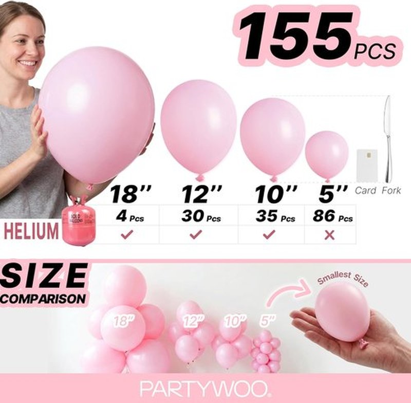 PartyWoo Baby Pink Balloons - 155-Piece Pastel Arch Kit for Baby Shower & Birthday Decor | Various Sizes