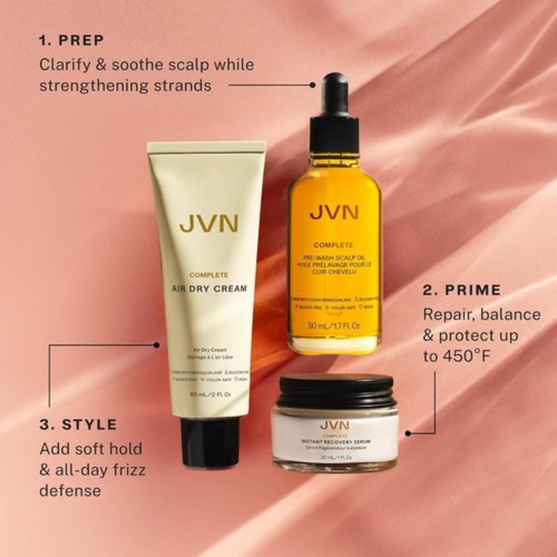 JVN Trusted Trio Hair Care Set - Travel Essentials with Air Dry Cream, Recovery Serum & Scalp Oil | Silicone-Free