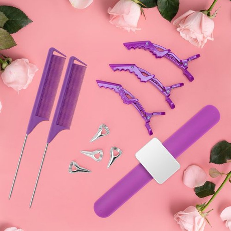 17 Pieces Hair Parting Tools Set Square, Included 8 Pieces Hair Parting Ring 2 Pieces Metal Rat Tail Comb 6 Pieces Hair Sectioning Clip with Magnetic Wrist Sewing Pin Holder for Braiding (Purple)