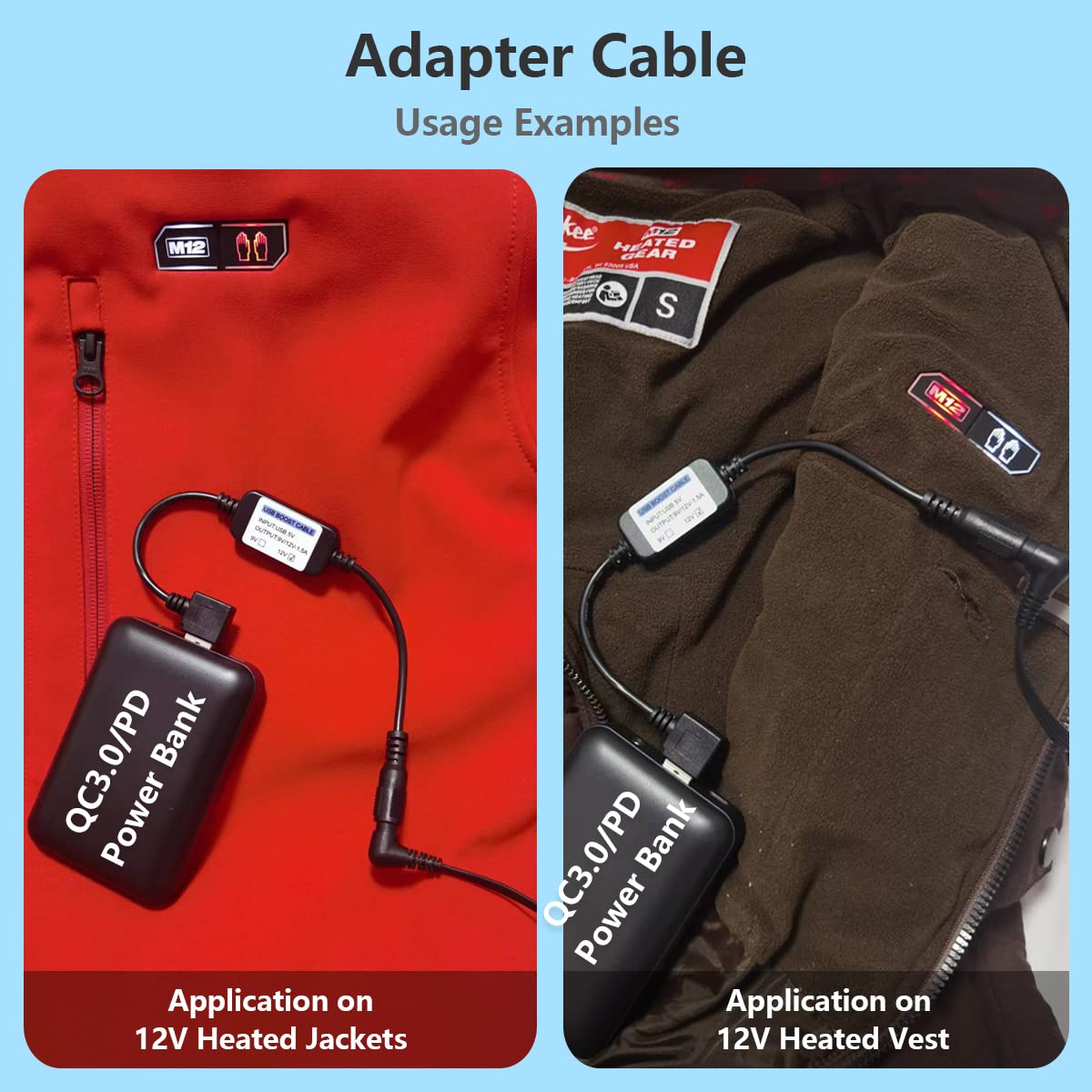 Wamlet Heated Jacket Adapter Charger USB Voltage Step Up Cable for Milwaukee, M12, Snap-on, Metabo, Craftsman, AEG, Makita (1, Black)