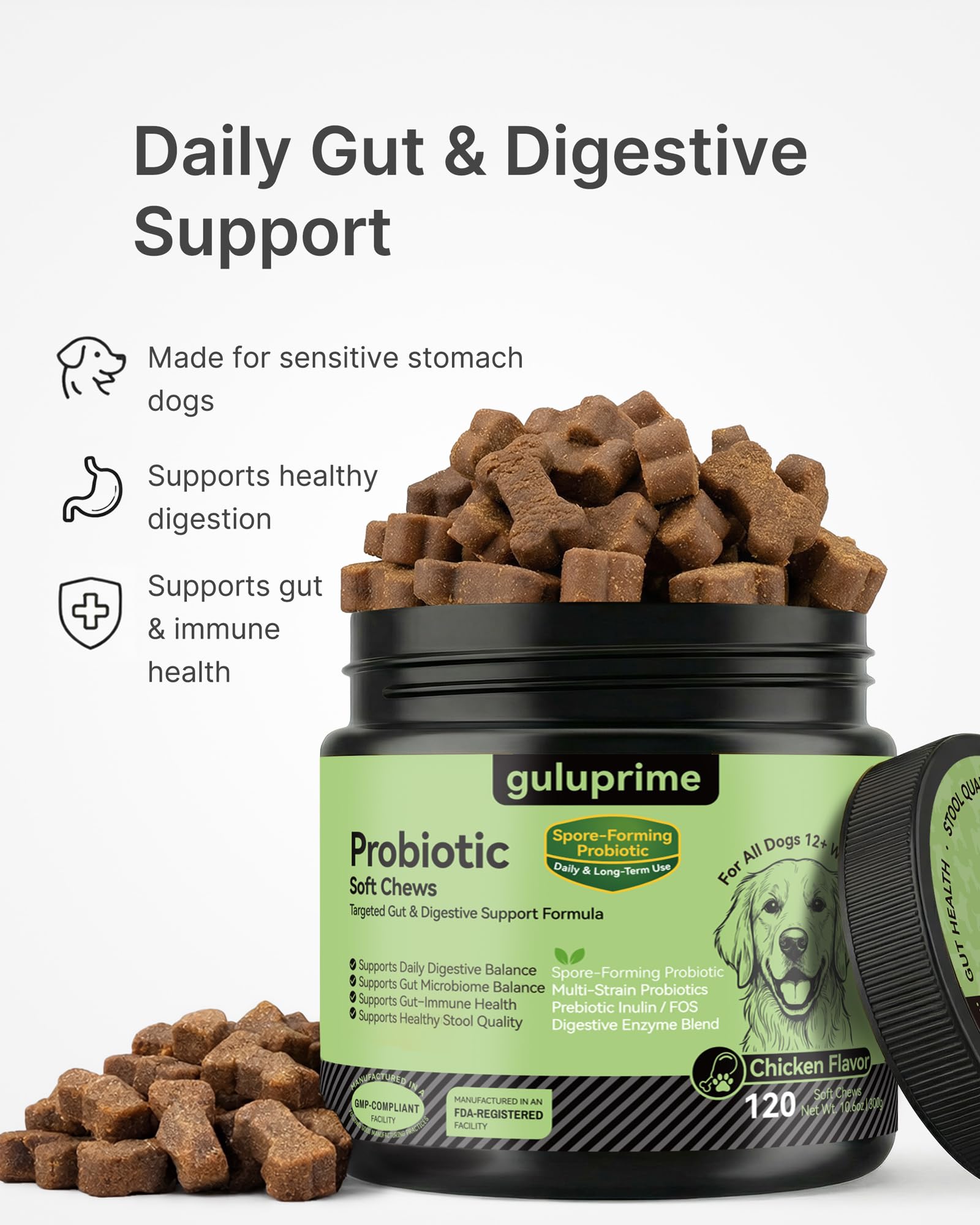 GuluPrime Probiotics for Dogs - Dog Probiotics Digestive Health Support, Dog Probiotic Chews with Spore-Forming Bacillus Coagulans, Prebiotic Inulin & Digestive Enzymes, Chicken Flavor, 120 Soft Chews