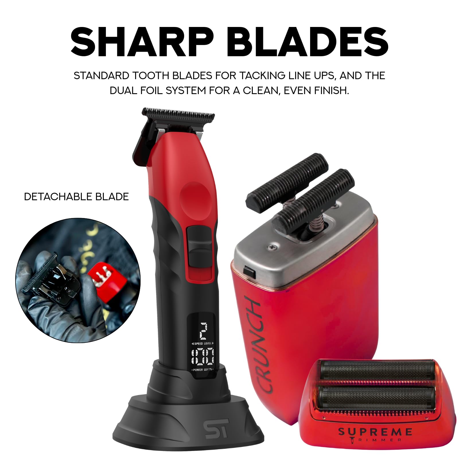 Supreme Trimmer Crunch Foil Shaver & 2Spee Trimmer Barber Hair Cutting Kit | Cordless Beard & Mustache Trimming Set | LCD Battery Displays, Removable Blade Design, Waterproof Shaver (Red)