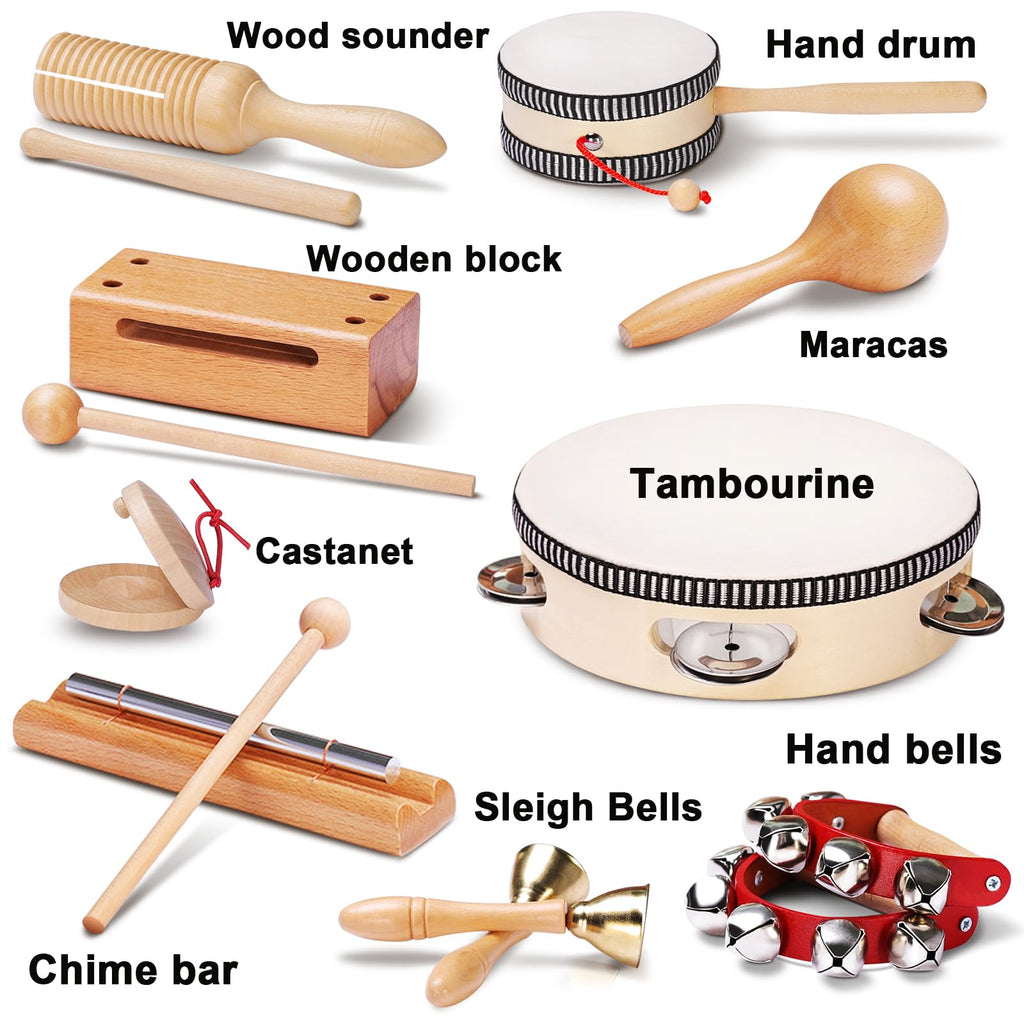 LOOIKOOS Montessori Natural Wooden Musical Instruments Set for Toddlers Preschool Educational Percussion Toys with Storage Bag, Safe Early Learning Toys for Boys Girls (3+)