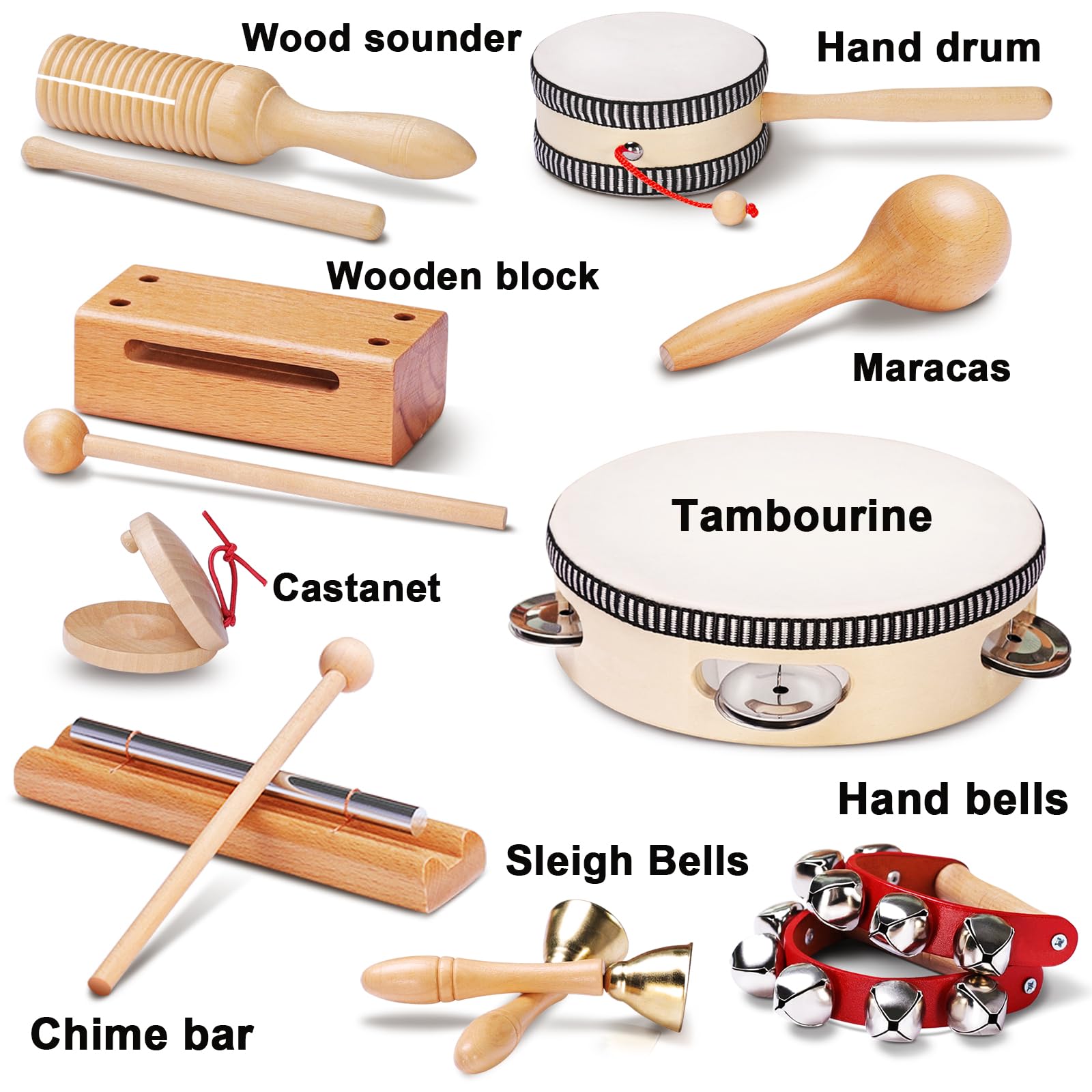LOOIKOOS Montessori Natural Wooden Musical Instruments Set for Toddlers Preschool Educational Percussion Toys with Storage Bag, Safe Early Learning Toys for Boys Girls (3+)