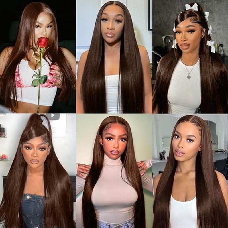 Fopeela 32 Inch 13x6 Chocolate Brown Human Hair Wig 12A Straight 100% Unprocessed HD Transparent 200 Density Lace Front Wig for Women, Pre Plucked Brown Colored Wigs, No Shedding Soft And Silky