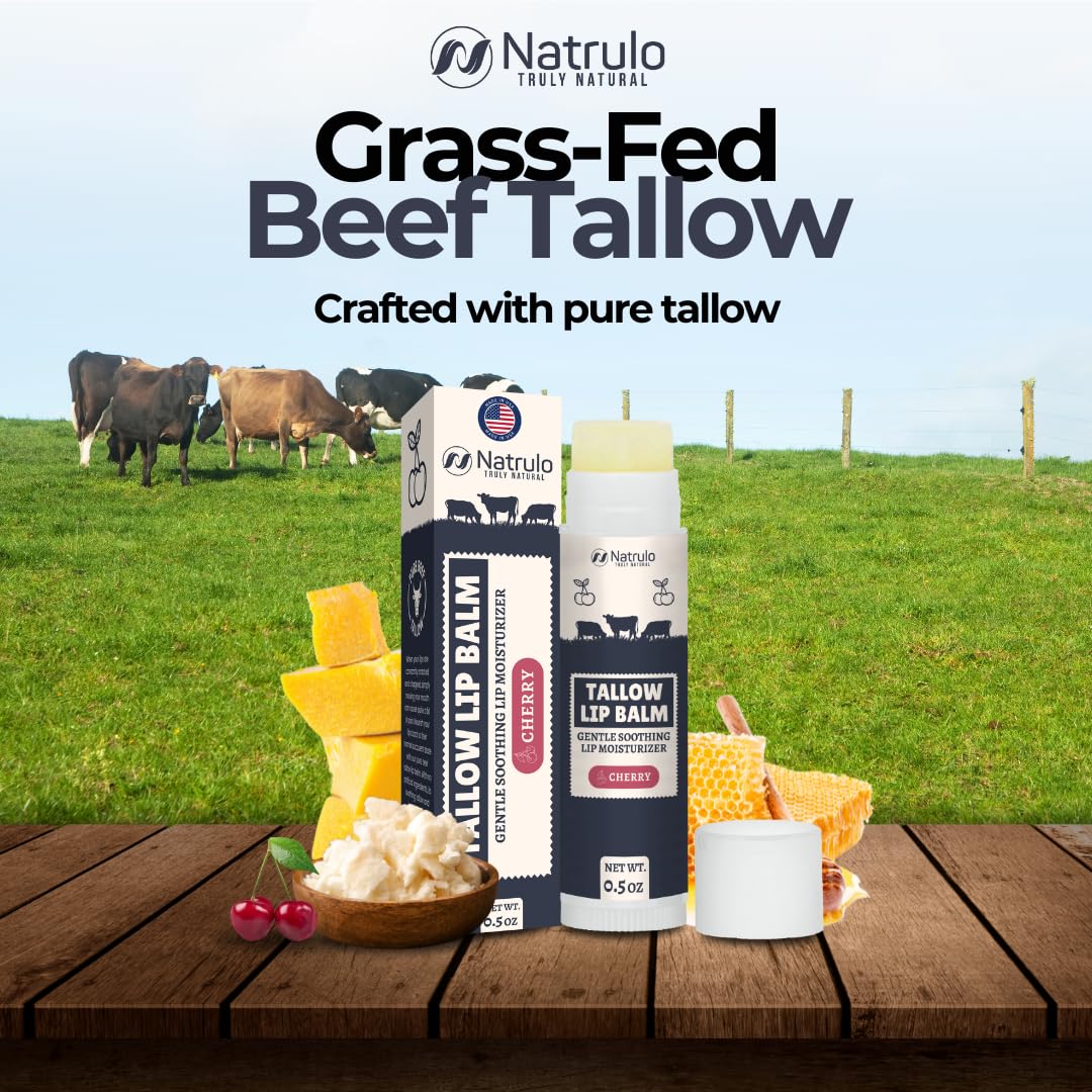 Beef Tallow Lip Balm – Natural Tallow Beeswax Chapstick – Hydrating Moisturizer Grass Fed Tallow Balm Care – Soothes Chapped Dry Lips Sensitive Skin – Long Lasting Vitamin Rich USA-Made, Cherry