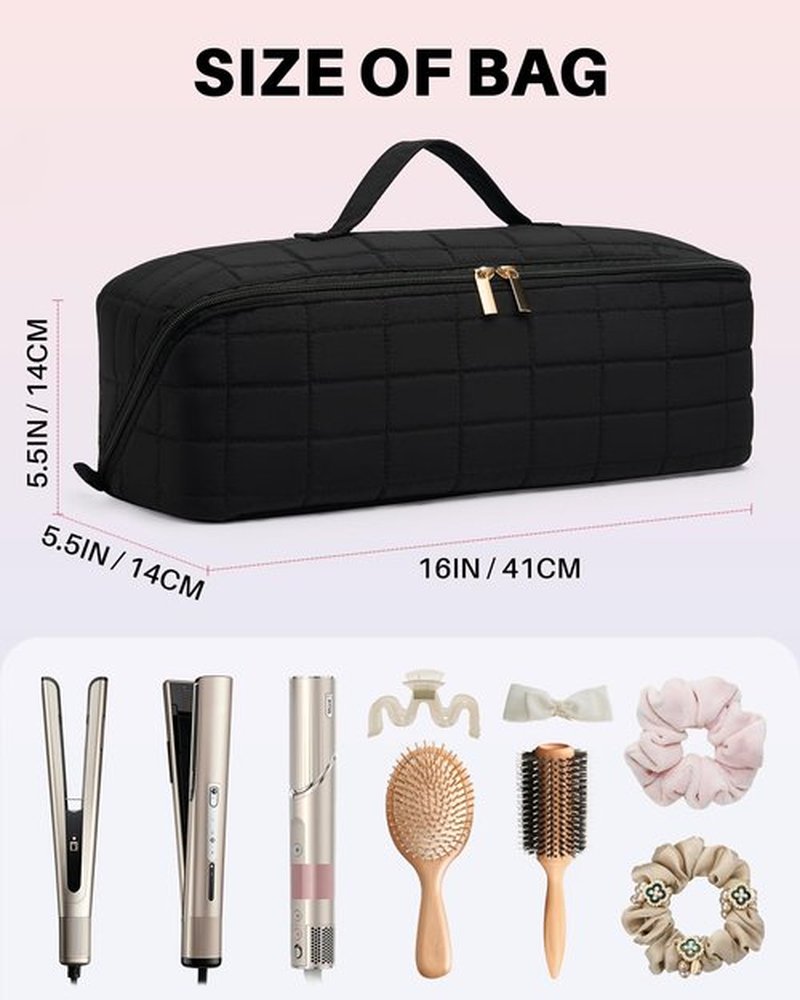 Noldena Hot Tools Travel Case with Heat Resistant Mat Pouch, Large Hair Tool Organizer Bag for Curling Iron Flat Iron Hair Dryer Hot Air Brush, Water Resistant Makeup Bag Gift for Women, Black