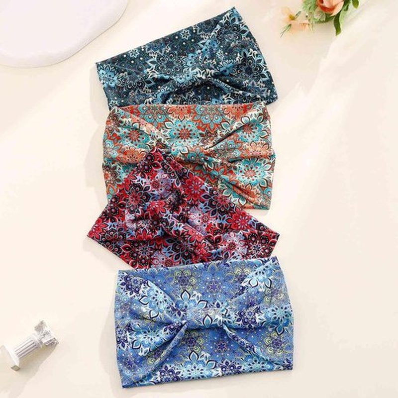 Acenail Wide Headbands Women Boho Turban Knotted Headband Floral Elastic Non Slip Hairband Workout Yoga Head Scarfs Bohemian Headwraps Fashion Hair Accessories for Women 4Pcs (Floral)