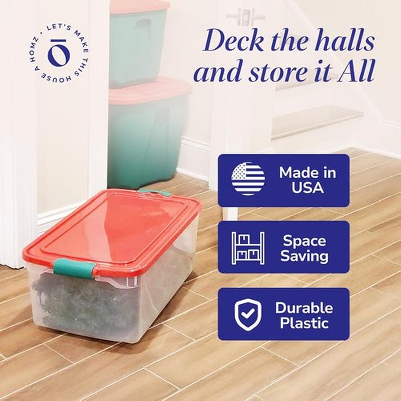 HOMZ 6-Pack Holiday Tote | Clear/Red Plastic Storage Bins with Lids - 64 Quart Stackable Organizers