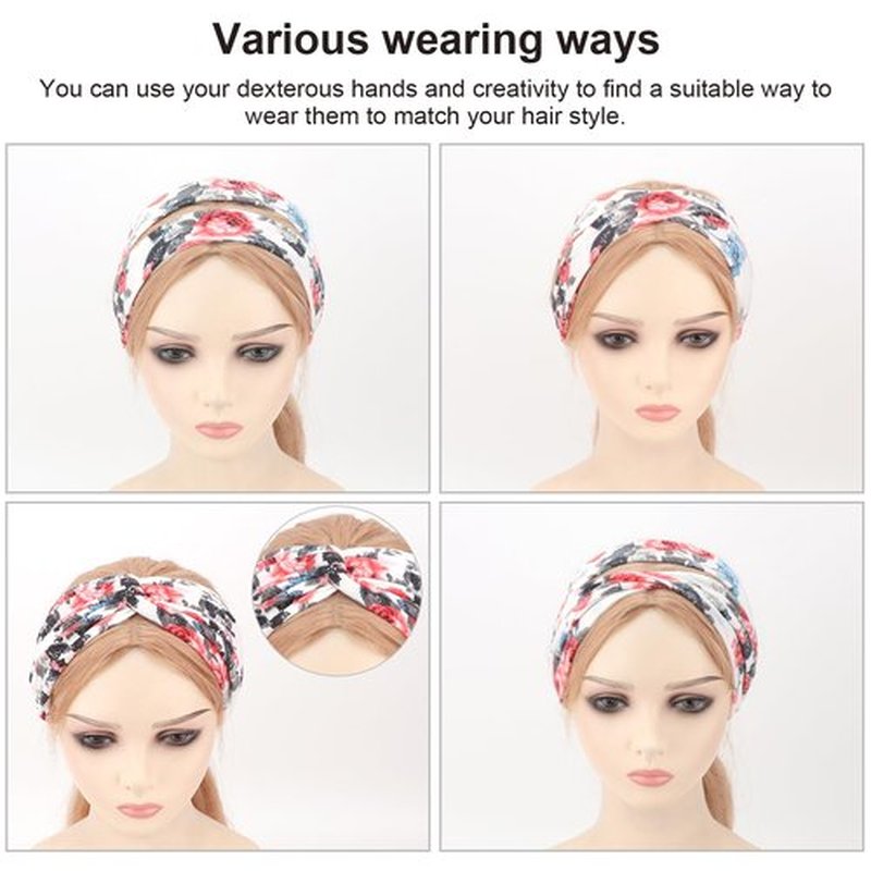 DRESHOW 4 Pack Boho Non-Slip Headbands for Women Girls Yoga Workout Running Knotted Turban Floral Elastic Head Wrap