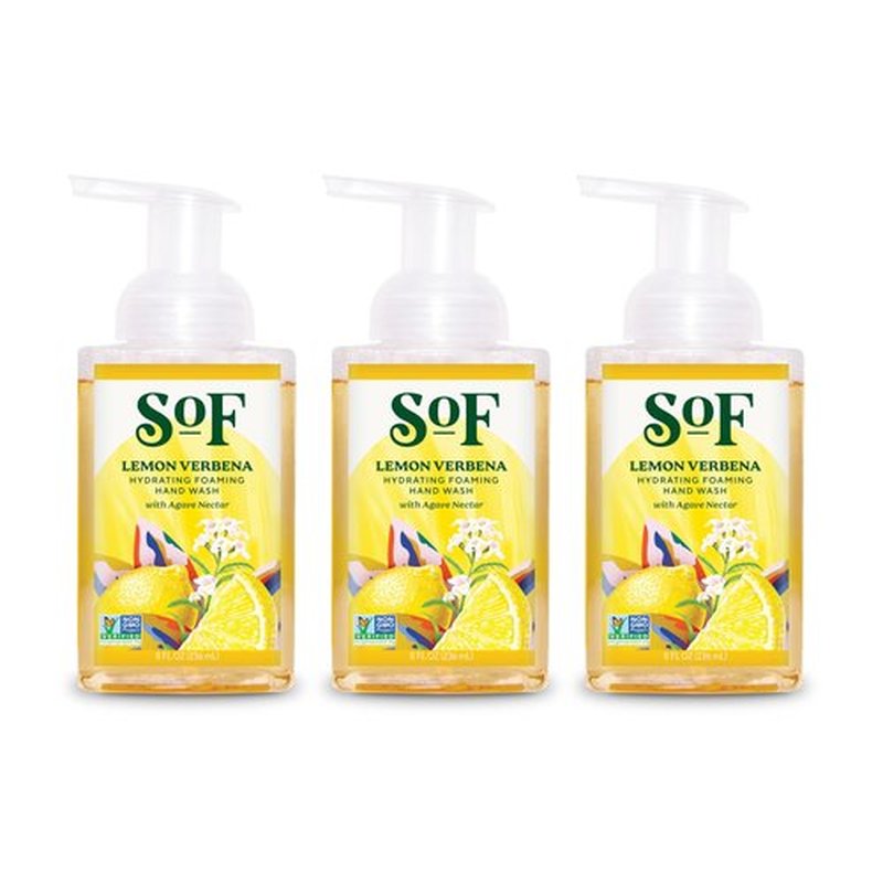 SoF Hydrating Foaming Hand Wash - With Organic Agave Nectar & Coconut Oil- Vegan & Non GMO- Free From Phthalates, Sulfates & Parabens- Lemon Verbena - 8 oz Bottle 3 Pack