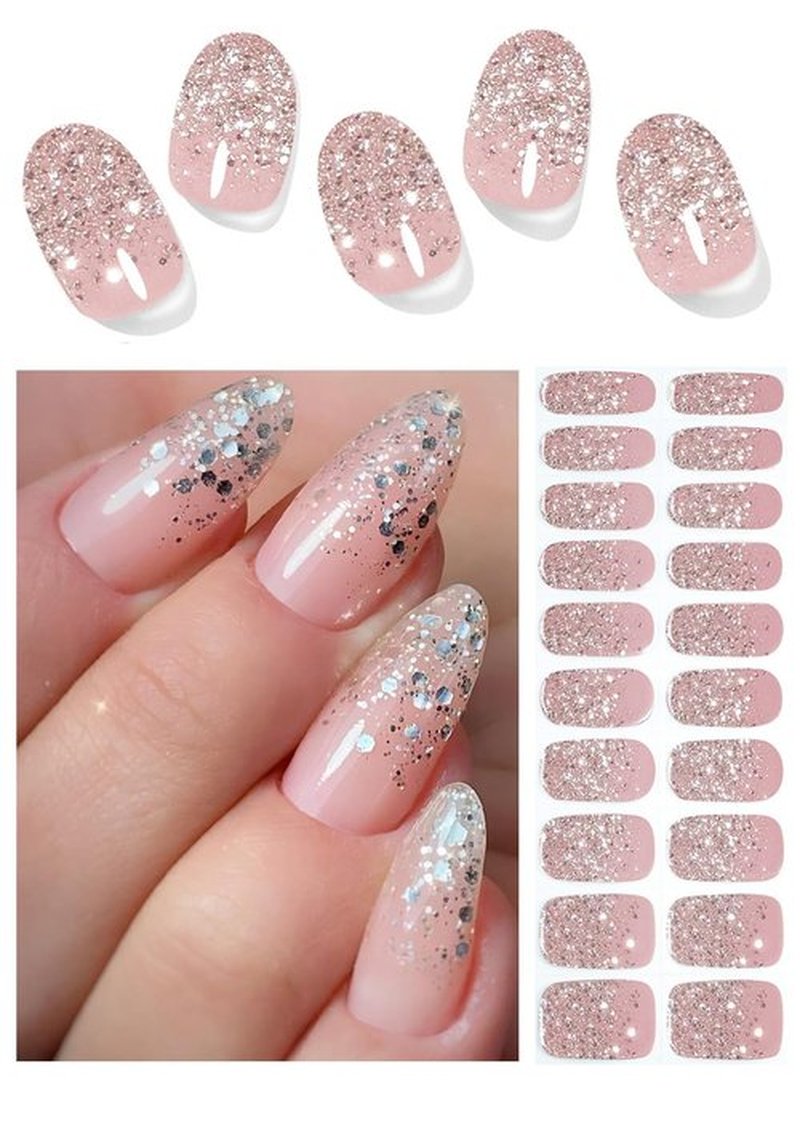 Semi Cured Gel Nail Strips, 20pcs French Sequin Gel Nail Stickers UV for Home Nails DIY