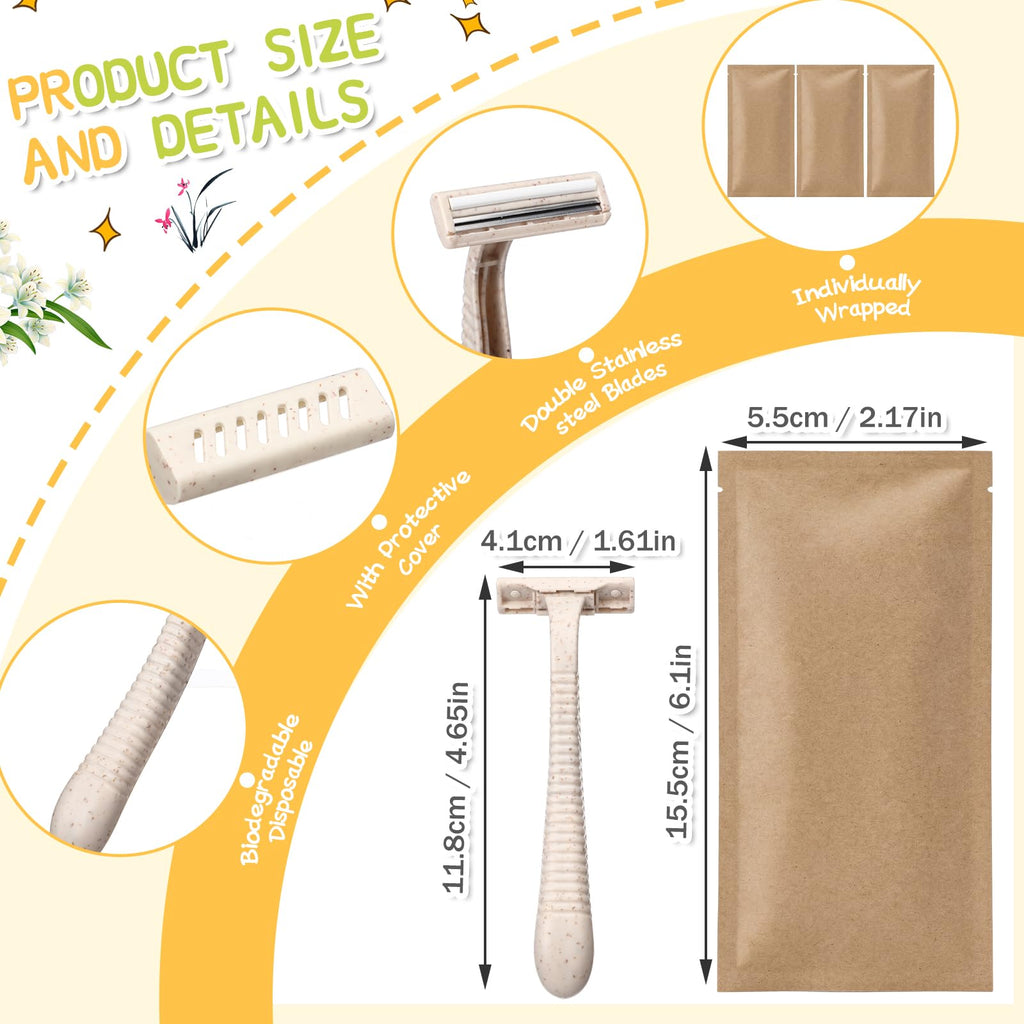 LemonRoad 100 Pcs Individually Wrapped Disposable Razors Bulk for Women Men Biodegradable Portable Twin Blade Shaving Razor Wheat Straw Shavers for Hotel Homeless Shelter Charity Camping Travel