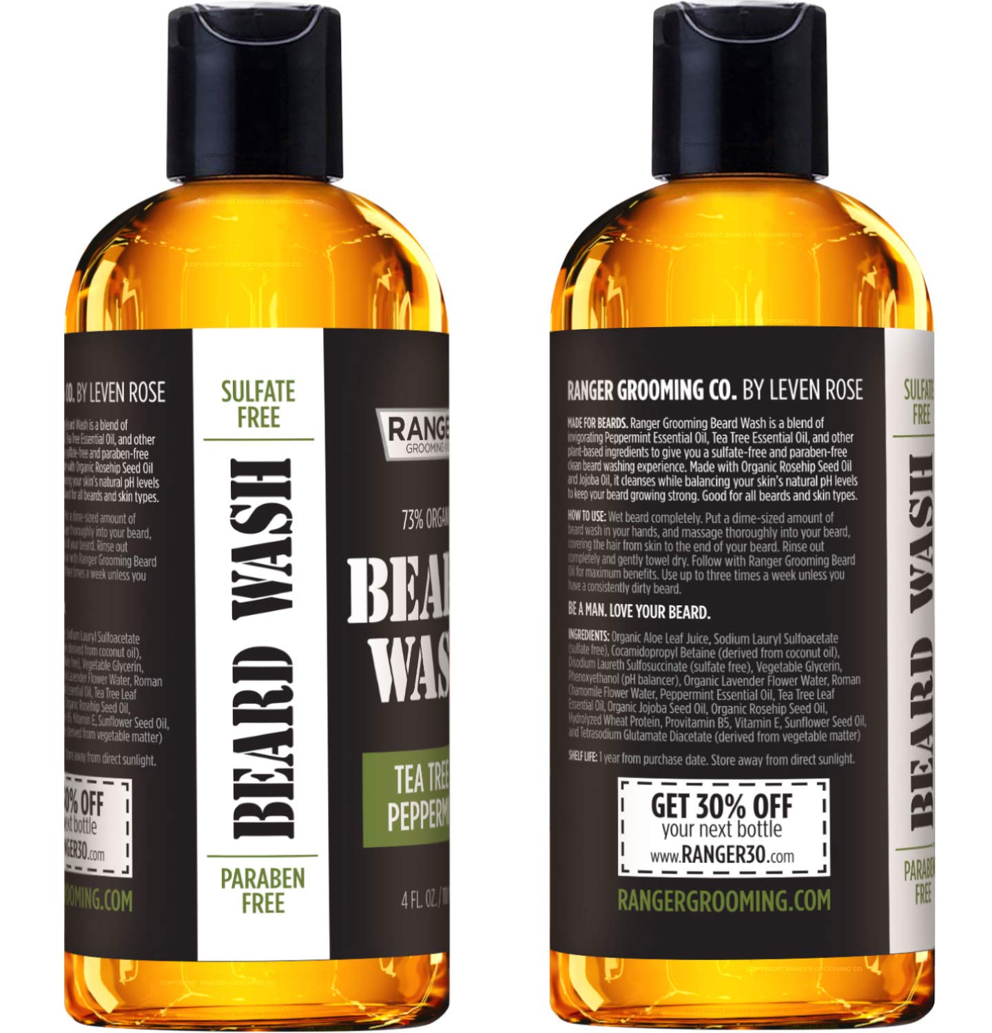Leven Rose Beard Wash Shampoo by Ranger Grooming Co, Sulfate Free Natural Beard Cleanser & Conditioner for Men, Tea Tree & Peppermint for Growth & Thickening, Paraben Free 4 oz
