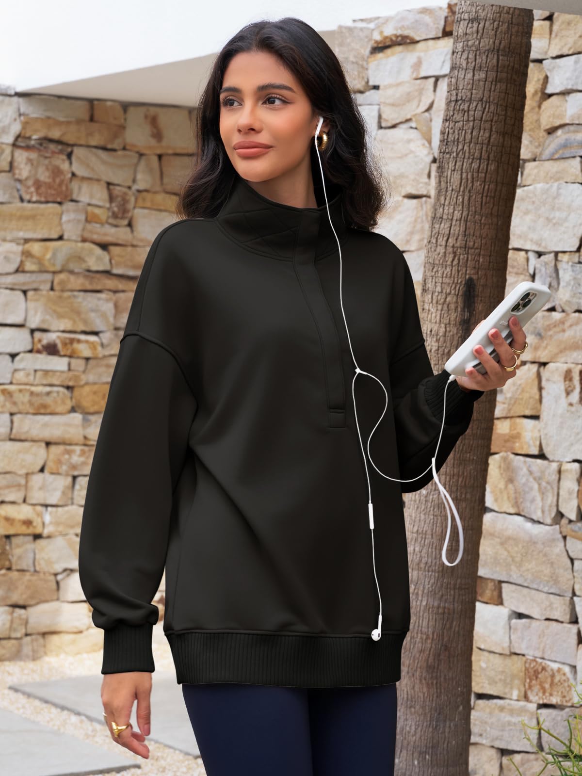 Fisoew Womens Oversized Sweatshirts Casual Long Sleeve Snap Button Henley Neck Loose Fit Fall Pullover Tops