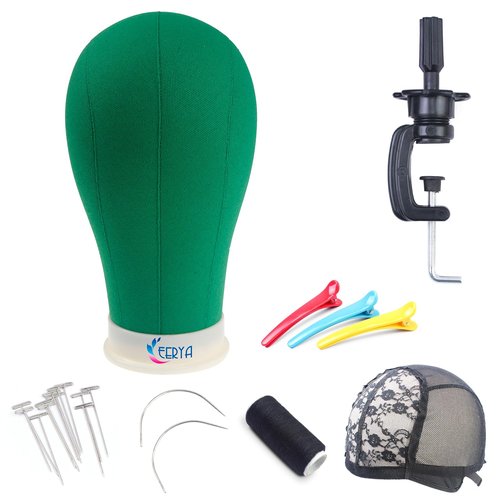 EERYA 22 Inch Wig Head Stand Set for Wig Making Display Styling Training Poly Canvas Block Head with Mount Hole Mannequin Manikin Head Stand(22 Inch,Green)