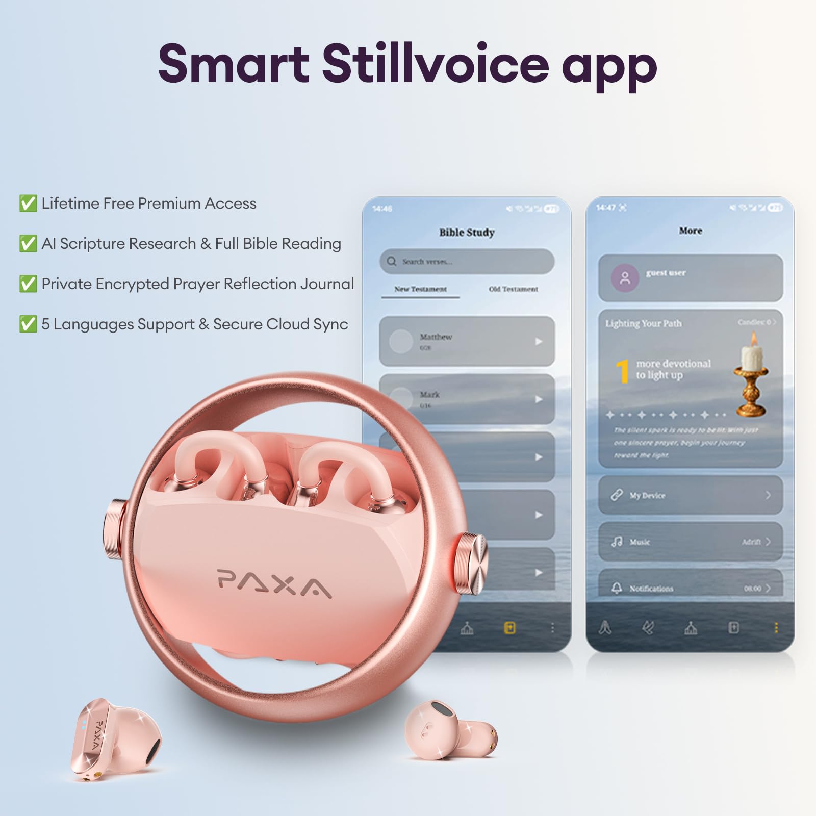 PAXA 2-in-1 Open Ear Clip-On Wireless Earbuds with StillVoice App, Bluetooth 6.0, 140H Playtime, Hybrid Noise Reduction, Auto L/R Sync, Comfortable Fit for Work, Fitness & Daily Use, Ctbuds Rose Gold