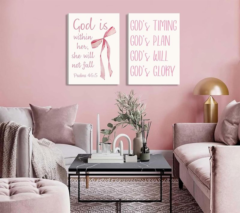 Coquette Pink Bow Canvas Wall Art - Inspirational Bible Verse Prints for Girls' Room | 12"x16" Framed Decor
