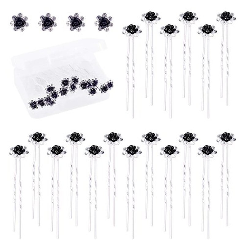 Swpeet 40Pcs Black U-Shaped Crystal Hair Pins Rose Flower Rhinestone Hair Clips Hair Accessories for Bridal Wedding Women Hair Jewelry Accessories, with Storage Bag