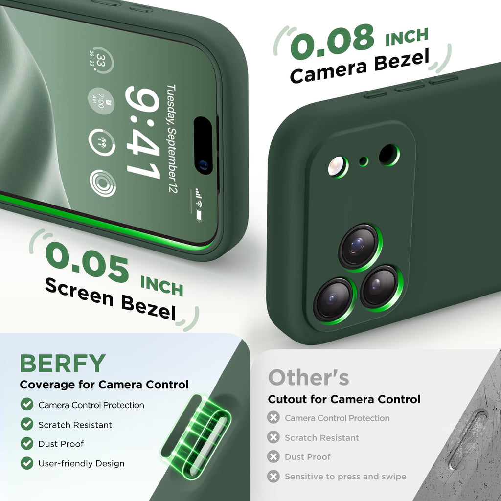 BERFY for iPhone 17 Pro Max Case, Compatible with MagSafe, Built-in Glass Screen Protector, Camera Protection, Shockproof Full Body Phone Case 6.9", Silicone Green